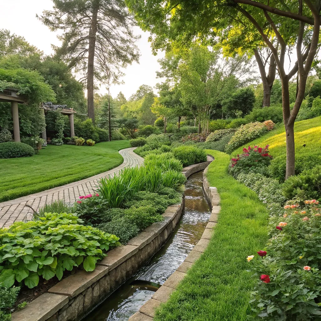 Lush green garden with a well-planned drainage system